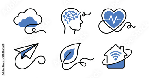 Continuous Line Path Icon Set with Cloud Computing, AI Brain, Digital Health, Paper Plane, Eco Leaf and Smart Home Symbols