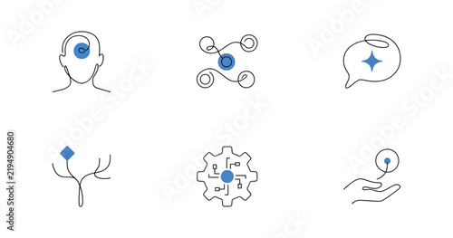 Continuous Line AI Automation Icons Set with AI Mind, Connected Workflow Network, Smart Chat Bubble, Process Flow Path, AI Gear System and Digital Assistant Hand