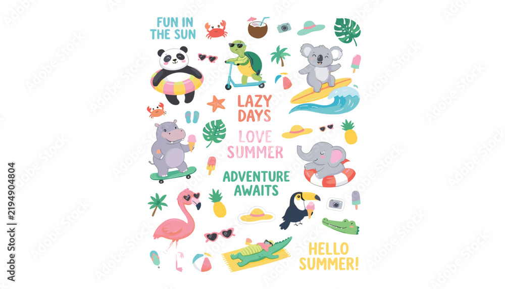 Fototapeta premium Cute summer animal sticker set with funny characters enjoying beach vacation activities tropical holidays and elements