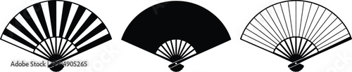 Set of folding hand fans in striped solid and outline styles with traditional japanese accessory oriental silhouette collection decoration