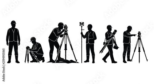 Silhouettes of surveyors with equipment on a white background