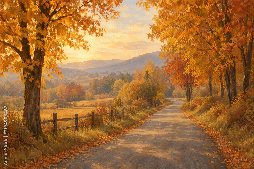 Obraz premium Quiet countryside road in autumn light