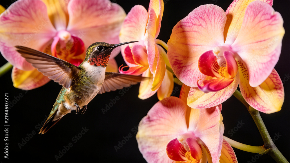 Obraz premium Orchid flowers and hummingbird on black background. Beautiful, exotic, tropical blooms and iridescent color bird flying and drinking nectar. White, pink, yellow and magenta blossoms. Close up, motion 
