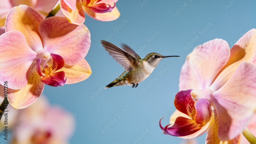 Fototapeta premium Orchid flowers and hummingbird on blue background. Beautiful, exotic, tropical blooms and iridescent color bird flying and drinking nectar. White, pink, yellow and magenta blossoms. Close up, motion