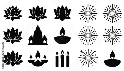 Collection of diwali festival symbols and icons in black silhouette