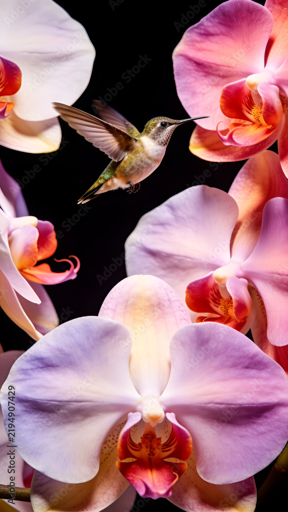 Fototapeta premium Orchid flowers and hummingbird on black background. Beautiful, exotic, tropical blooms and iridescent color bird flying and drinking nectar. White, pink, yellow and magenta blossoms. Close up, motion 