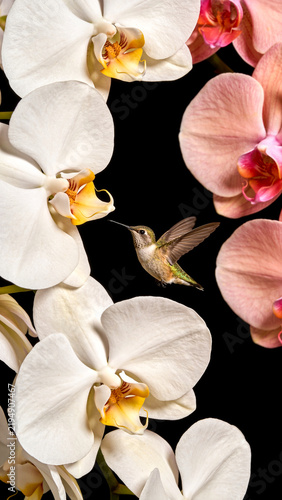 Orchid flowers and hummingbird on black background. Beautiful, exotic, tropical blooms and iridescent color bird flying and drinking nectar. White, pink, yellow and magenta blossoms. Close up, motion 