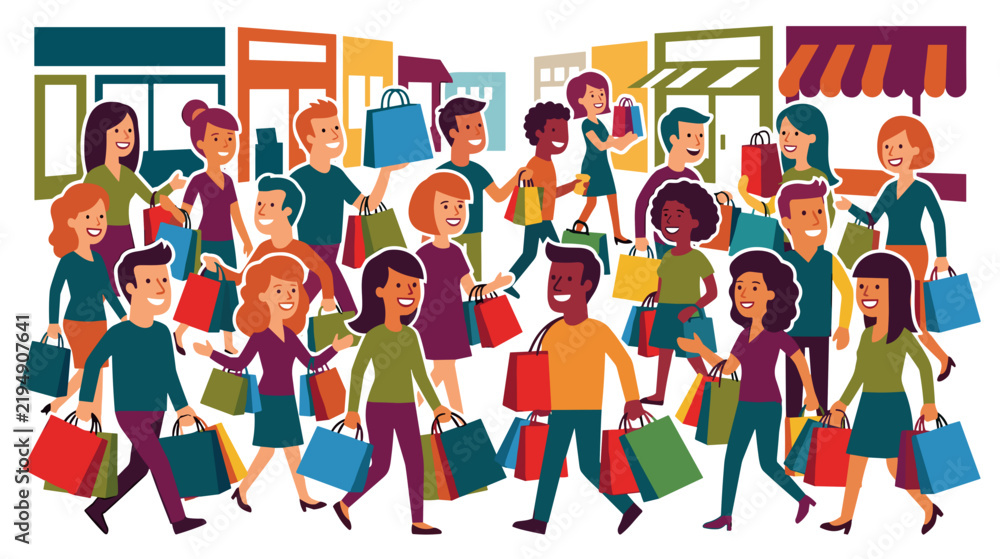 Fototapeta premium Diverse crowd of happy shoppers carrying colorful bags among retail storefronts concept of black friday shopping celebration and consumer lifestyle