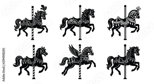 Black vector carousel horses and winged creature on white background