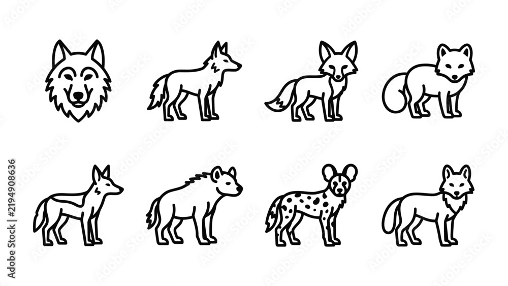 Obraz premium Canine Family Portrait: A collection of stylized line art illustrations featuring various canids, including wolves, foxes, and hyenas, showcasing their distinct forms and profiles.
