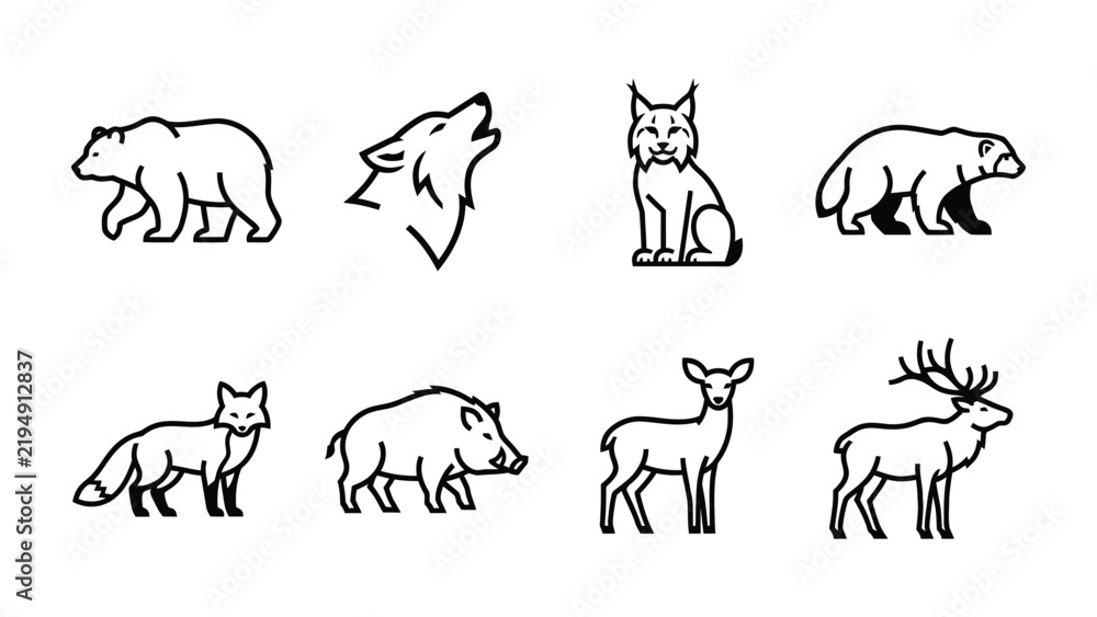 Fototapeta premium Wild Animal Icons: A collection of stylized line art icons representing various wild animals including a bear, wolf, lynx, fox, wild boar, and deer.