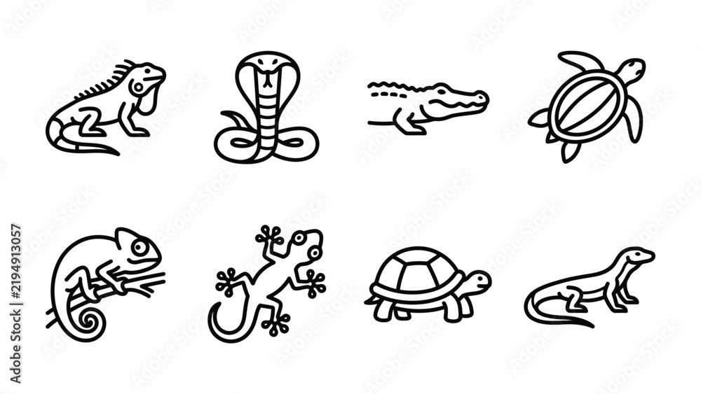 Obraz premium Reptile Collection: A stylized line art collection showcasing a variety of reptiles, including an iguana, cobra, alligator, turtle, chameleon, gecko, tortoise, and lizard, presented in a clean.