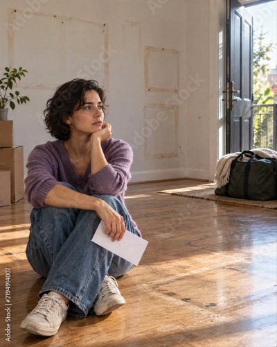 Thoughtful Woman Holding an Envelope While Sitting on the Floor of an Empty Room with Moving Boxes