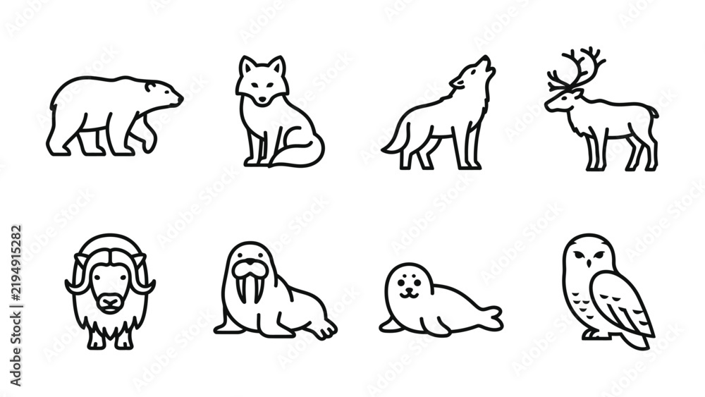 Obraz premium Arctic Wildlife Icons: A set of clean, modern line art icons depicting various arctic animals including a polar bear, fox, wolf, reindeer, musk ox, walrus, seal, and owl.