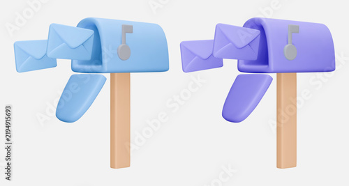 Cute 3D Blue and Purple Rural Mailboxes with Open Doors and Colorful Envelopes Flying Out, Postal Delivery, Communication and Correspondence Concept, Isolated Background
