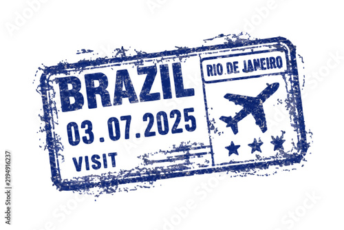 Blue ink rubber passport stamp for travel to brazil with airplane icon and date