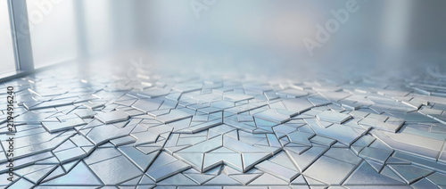 Futuristic Metallic Floor with Geometric Polygonal Tiles in a Bright Modern Interior, Soft Daylight Reflections on Silver Surface, High-Tech Abstract Architectural 3D Render Background