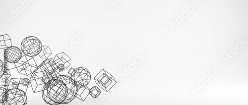 Abstract 3D black wireframe geometric shapes floating on a clean minimalist white background, modern digital architecture concept with copy space for technology and design presentation.