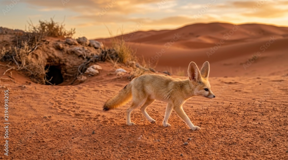 Fototapeta premium Desert Fox in the Sand Dunes: A Fennec fox with enormous ears navigates the arid landscape of sandy dunes at dusk, its den nestled in a small mound.