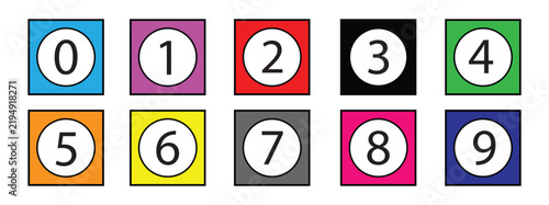 Colorful square number bullet point icons from 0 to 9. Simple numeral bullet point in filled style. modern infographic icons. vector illustration