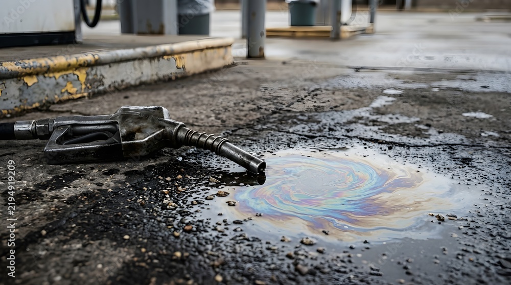 Obraz premium Discarded fuel pump nozzle leaking gasoline onto wet pavement creating a toxic rainbow oil slick highlighting fossil fuel pollution and environmental degradation