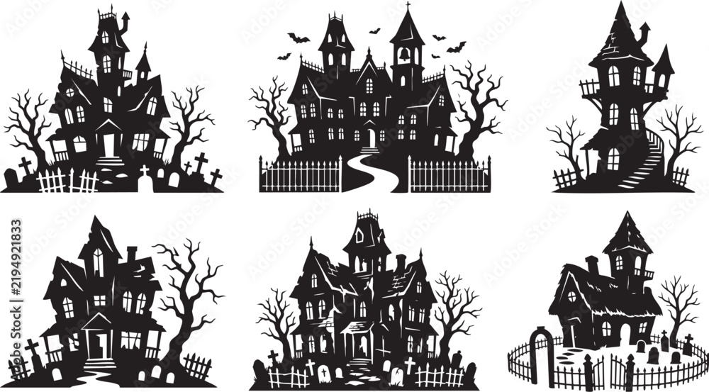 Fototapeta premium Halloween Haunted House Silhouette Collection with Spooky Mansions Trees and Graveyards