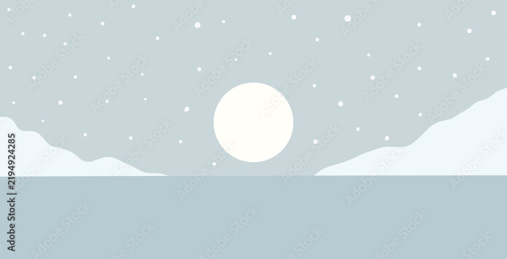 Fototapeta premium Winter lake sunset minimalist snowy landscape illustration, modern flat abstract background