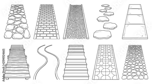 Garden paths with stones bricks gravel steps paving set line drawing vector designs