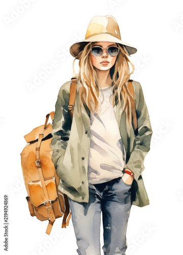 Watercolor illustration of a young stylish woman hiker with backpack wearing hat and sunglasses standing isolated on transparent background