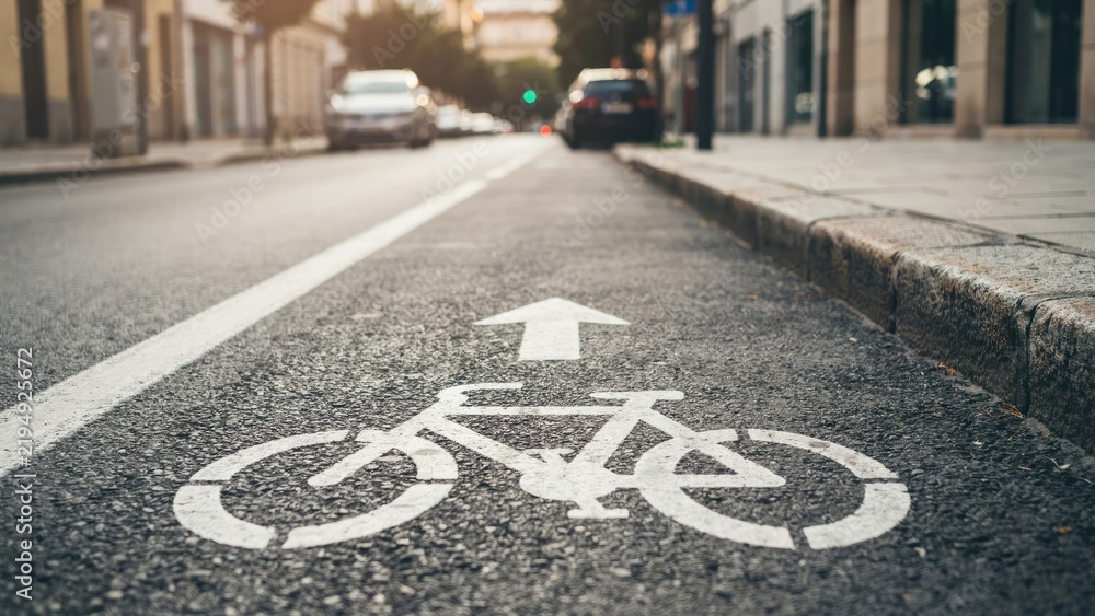 Obraz premium White bicycle lane symbol painted on asphalt street in city