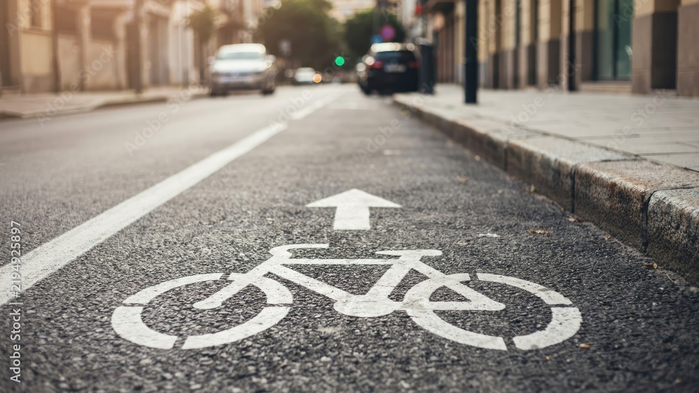 Obraz premium White bicycle lane symbol painted on asphalt city street