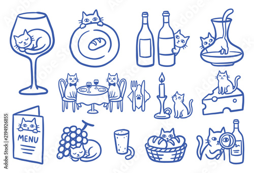 Set of cute hand drawn cat illustrations with wine food and dining themes