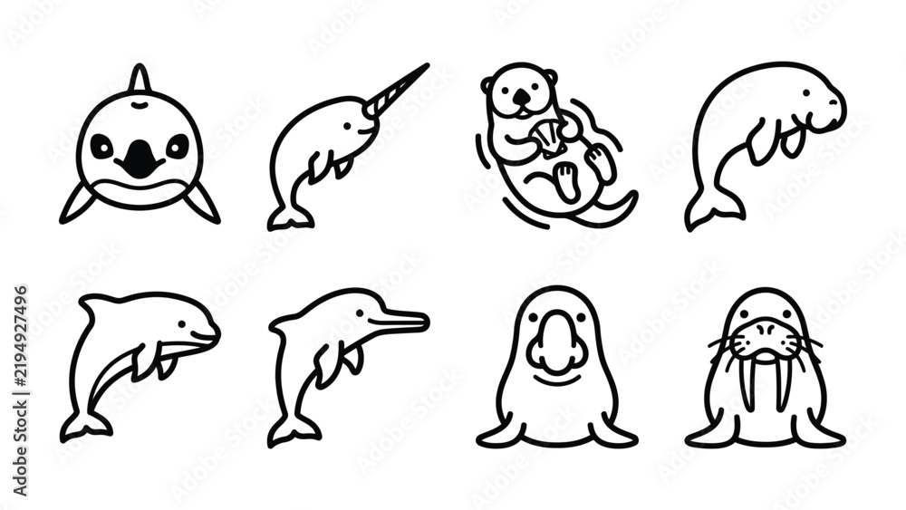 Fototapeta premium Marine Mammal Collection: A delightful set of hand-drawn line art illustrations featuring various marine mammals, including a dolphin, narwhal, otter, manatee, and walrus.