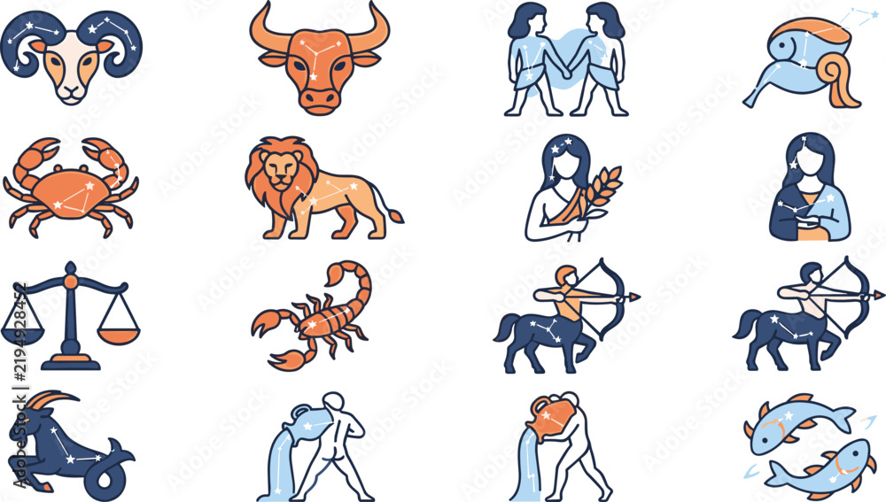 Obraz premium Set of twelve zodiac signs icons with constellations