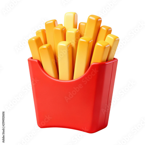 3D Golden fried potatoes in red paper carton on transparent background