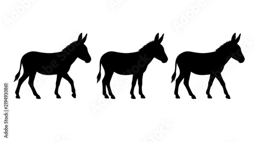 Three donkeys walking in a row black silhouette