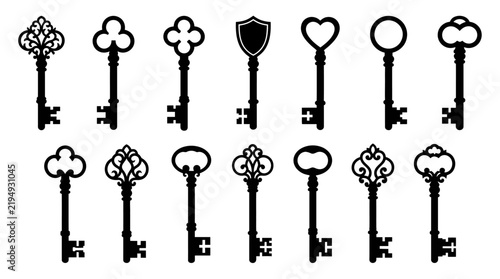 Collection of antique keys presented as a black silhouette