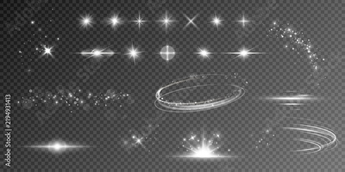 White glowing light effects and lens flares set. Realistic sparkles and shine stars on transparent background. Optical flash, circular trails, and glitter elements for design overlay