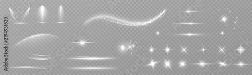 White glowing light effects and lens flares set. Realistic sparkles and shine stars on transparent background. Optical flash, circular trails, and glitter elements for design overlay