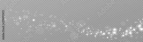 White stardust glitter wave trail on transparent background. Glowing magic sparkles and bokeh light overlay. Festive particle dust effect