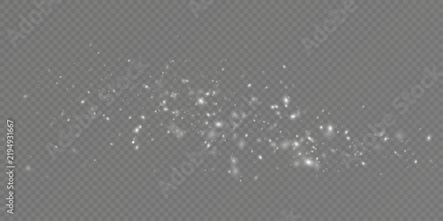 White sparkling glitter and glowing bokeh lights overlay on transparent background. Falling magic dust and stardust particles banner for Christmas and holiday design