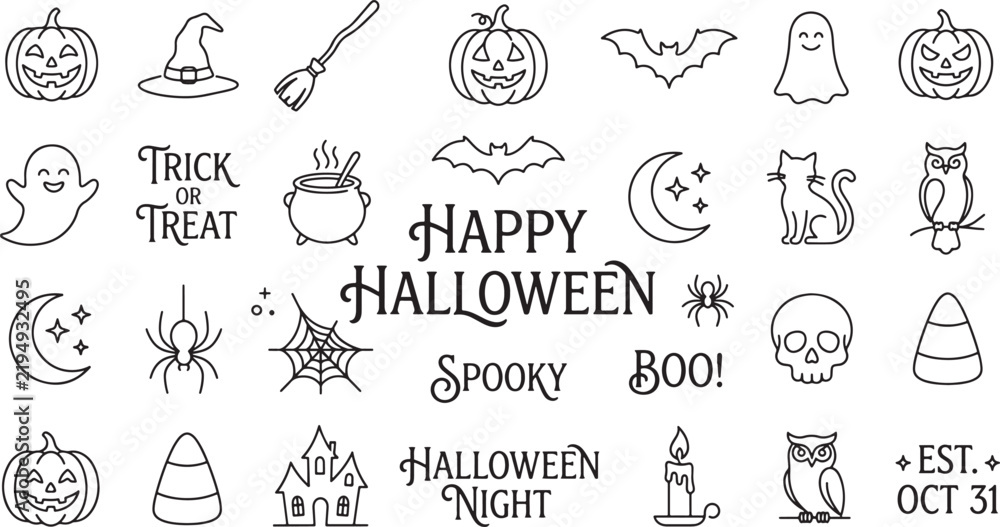 Obraz premium Hand drawn Halloween doodle icon set featuring pumpkins ghosts and bats on white background