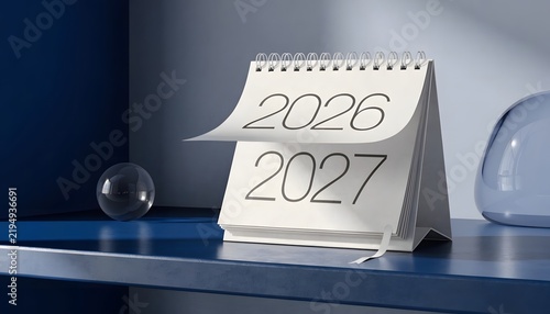 Minimalist calendar flipping from 2026 to 2027 on desk top.