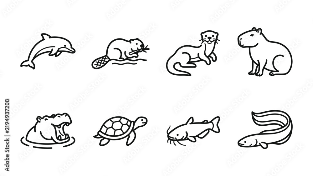 Fototapeta premium Various Animals Line Art: A collection of hand-drawn line art icons featuring a dolphin, beaver, otter, capybara, hippopotamus, turtle, catfish, and eel.