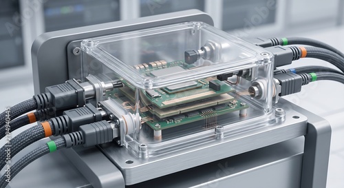 Electronic circuit board inside a transparent protective casing with connected cables
