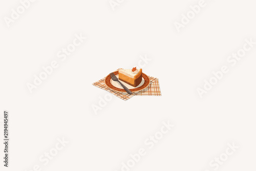 Slice of Pumpkin Cheesecake topped with Whipped Cream and Maple Leaf on Decorative Plate with Fork, Autumn Dessert Vector Illustration