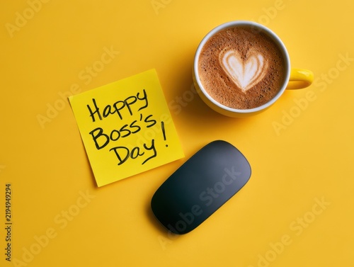 Happy Boss Day celebration with coffee and mouse on yellow background