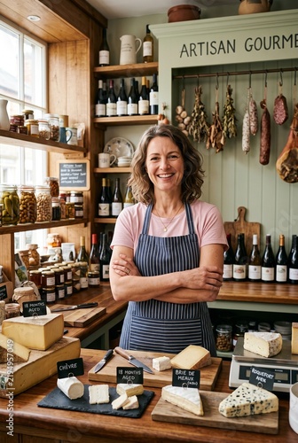 Smiling female shop owner standing behind a cheese counter in a local delicatessen
