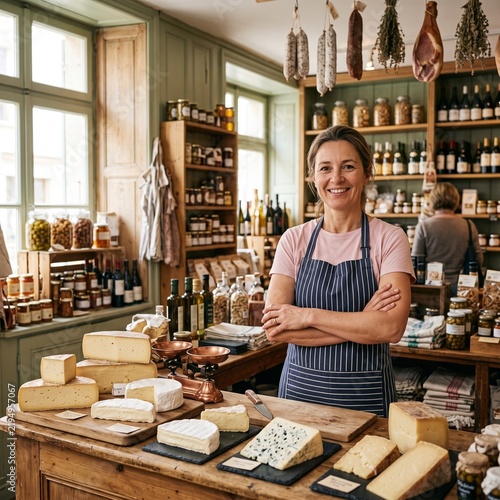 Smiling female shop owner standing behind an artisan cheese counter
