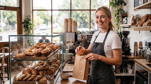 Smiling bakery employee packing a fresh croissant behind the café counter
